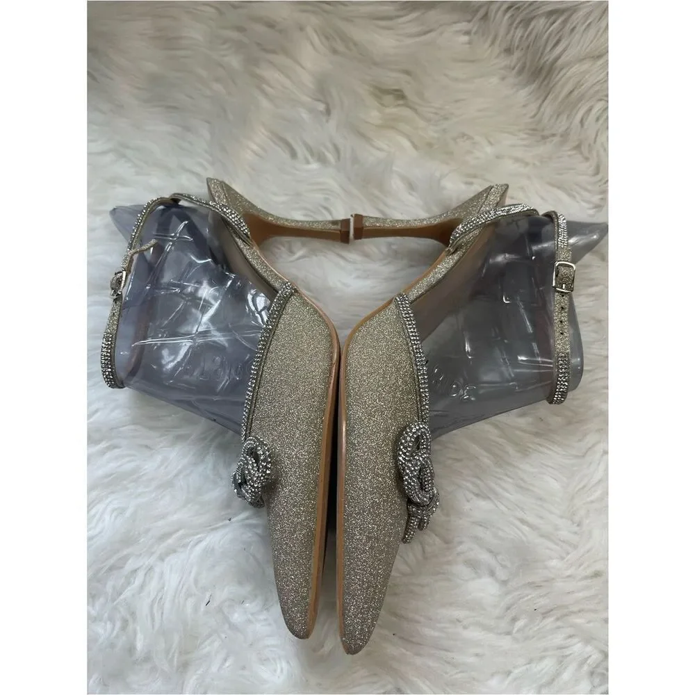 Gold Glitter Pointed Toe Bow ankle strap Heels.Pointed toe rhinestones bow SZ11